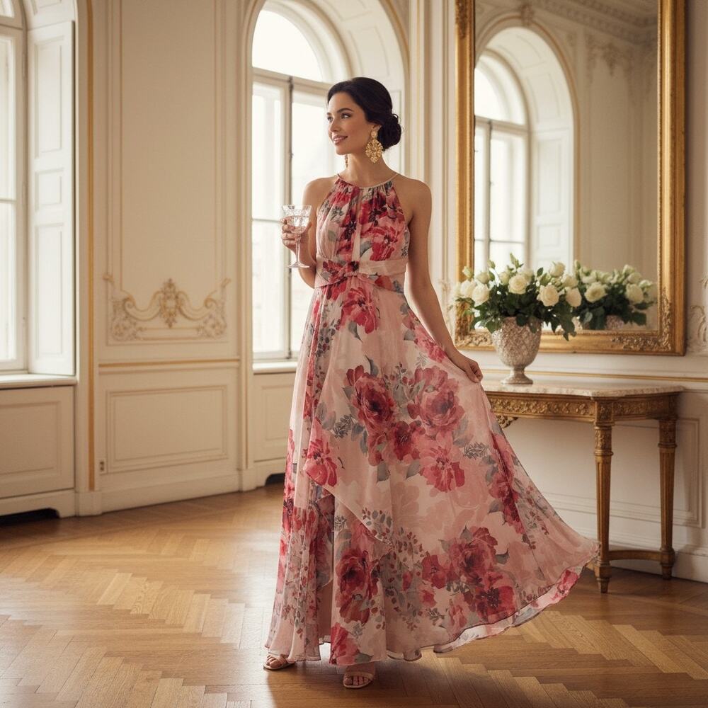 R&M Richards Women’s Size 6 Floral Halter Maxi Gown NWT Zip Closure